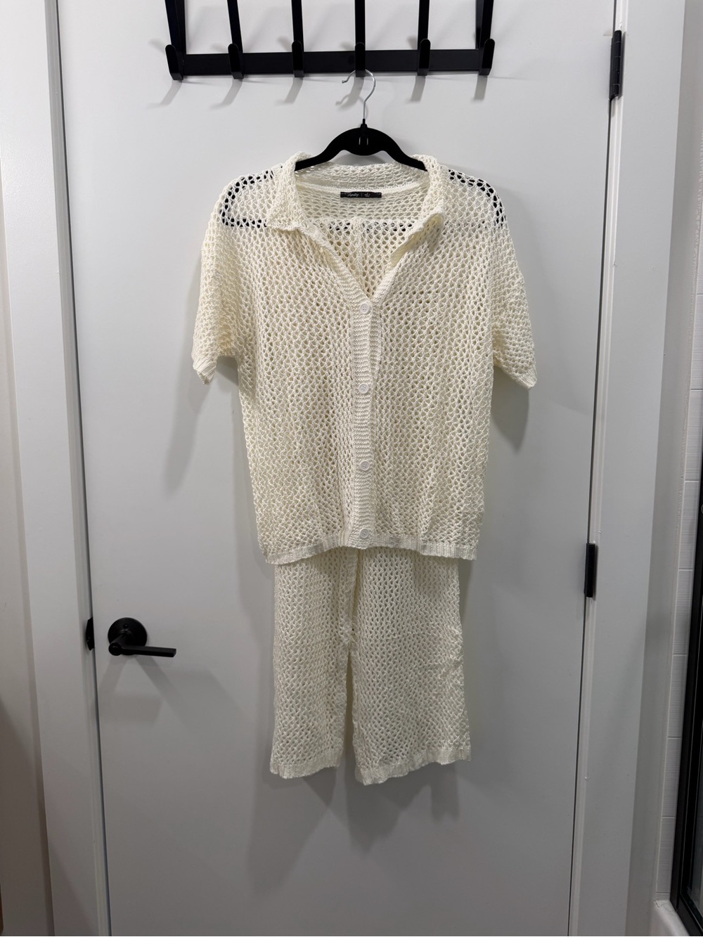 Amazon Cream Crochet Button-Up Short Sleeve Jumpsuit Romper Set